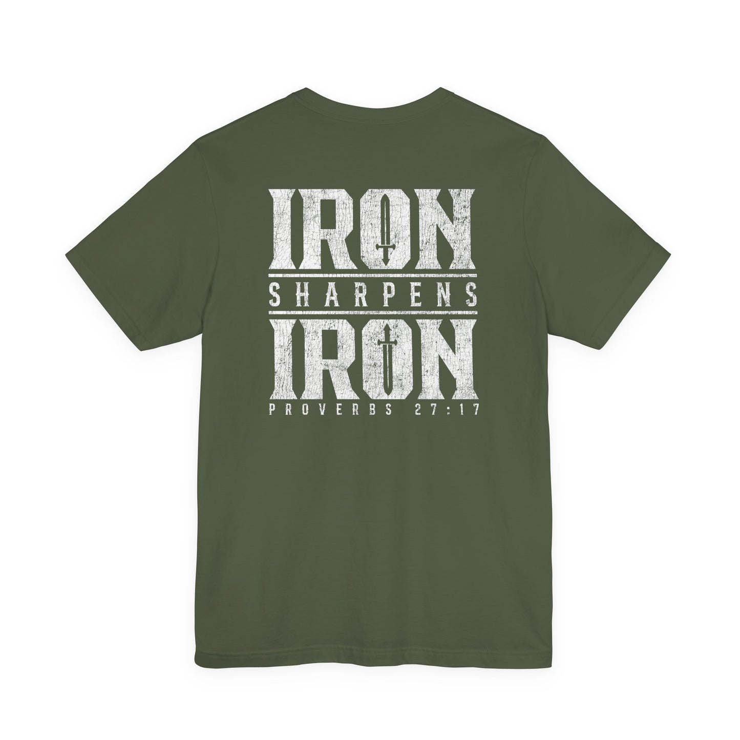 Green t-shirt with 'Iron Sharpens Iron Proverbs 27:17' text on a white background