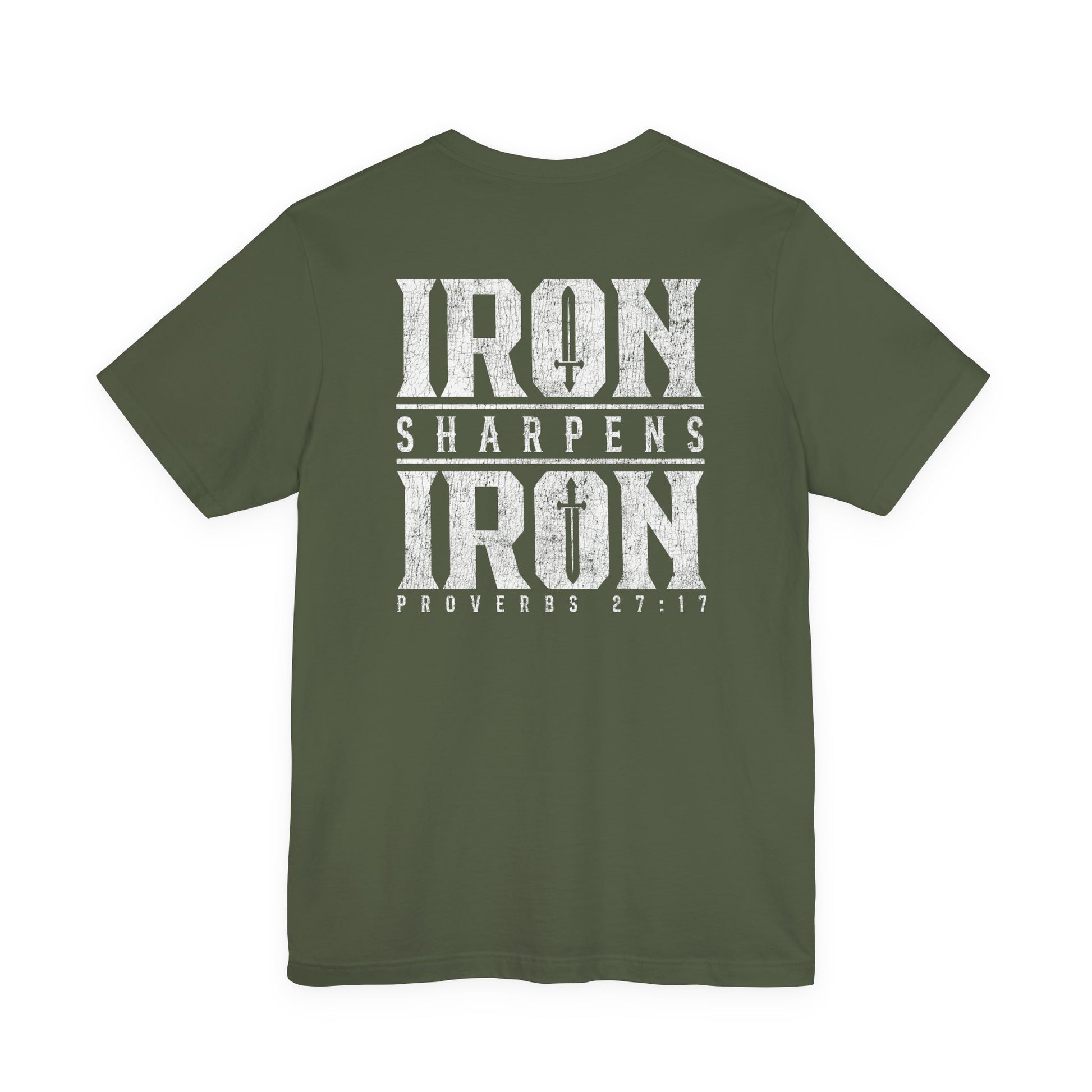 Green t-shirt with 'Iron Sharpens Iron Proverbs 27:17' text on a white background