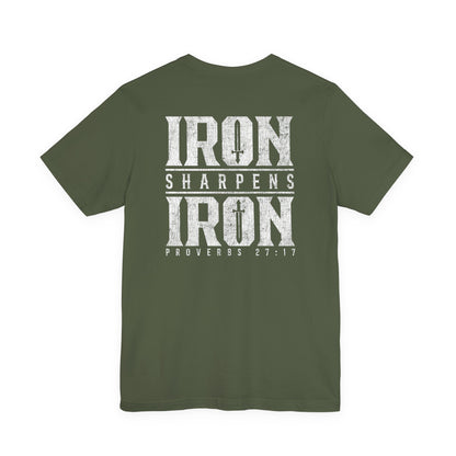 Green t-shirt with 'Iron Sharpens Iron Proverbs 27:17' text on a white background