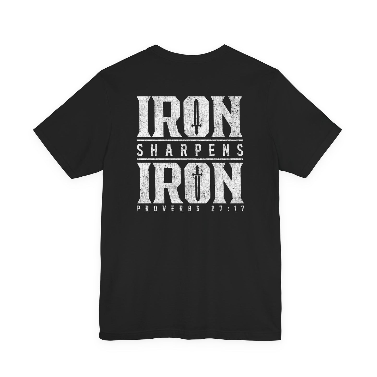 Black t-shirt with white text 'IRON SHARPENS IRON Proverbs 27:17' on a white background