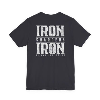 Gray t-shirt with 'Iron Sharpens Iron Proverbs 27:17' text on a white background