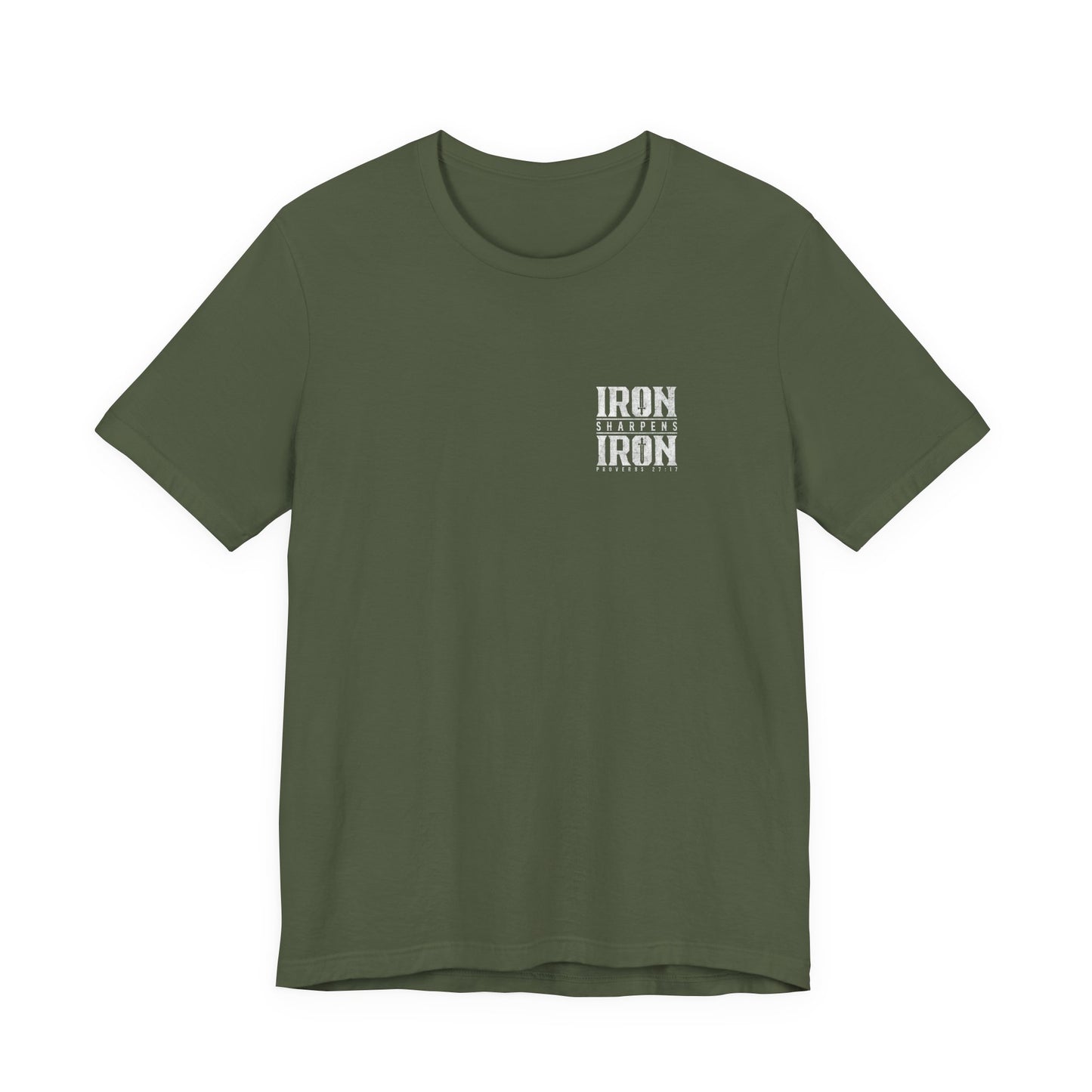 Green t-shirt with 'IRON SHARPENS IRON' text on a white background