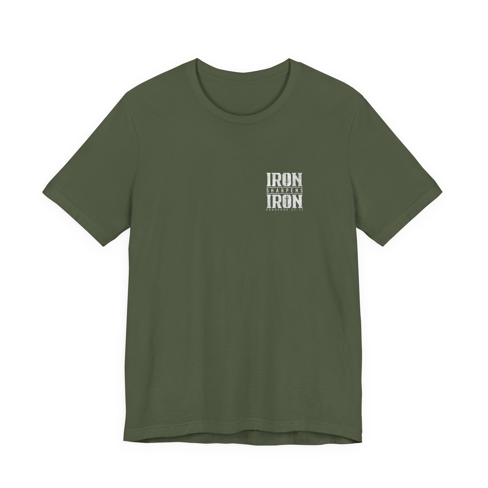Green t-shirt with 'IRON SHARPENS IRON' text on a white background