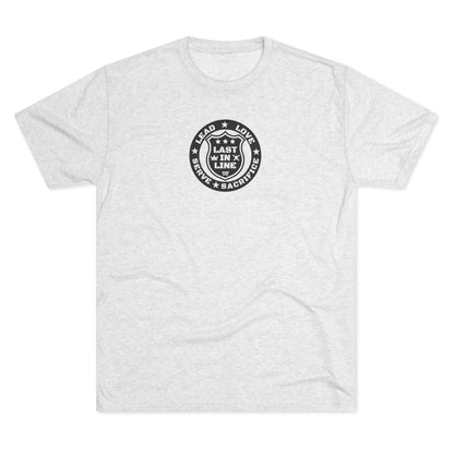 White crew neck t-shirt with the Last in Line Podcast logo in black.