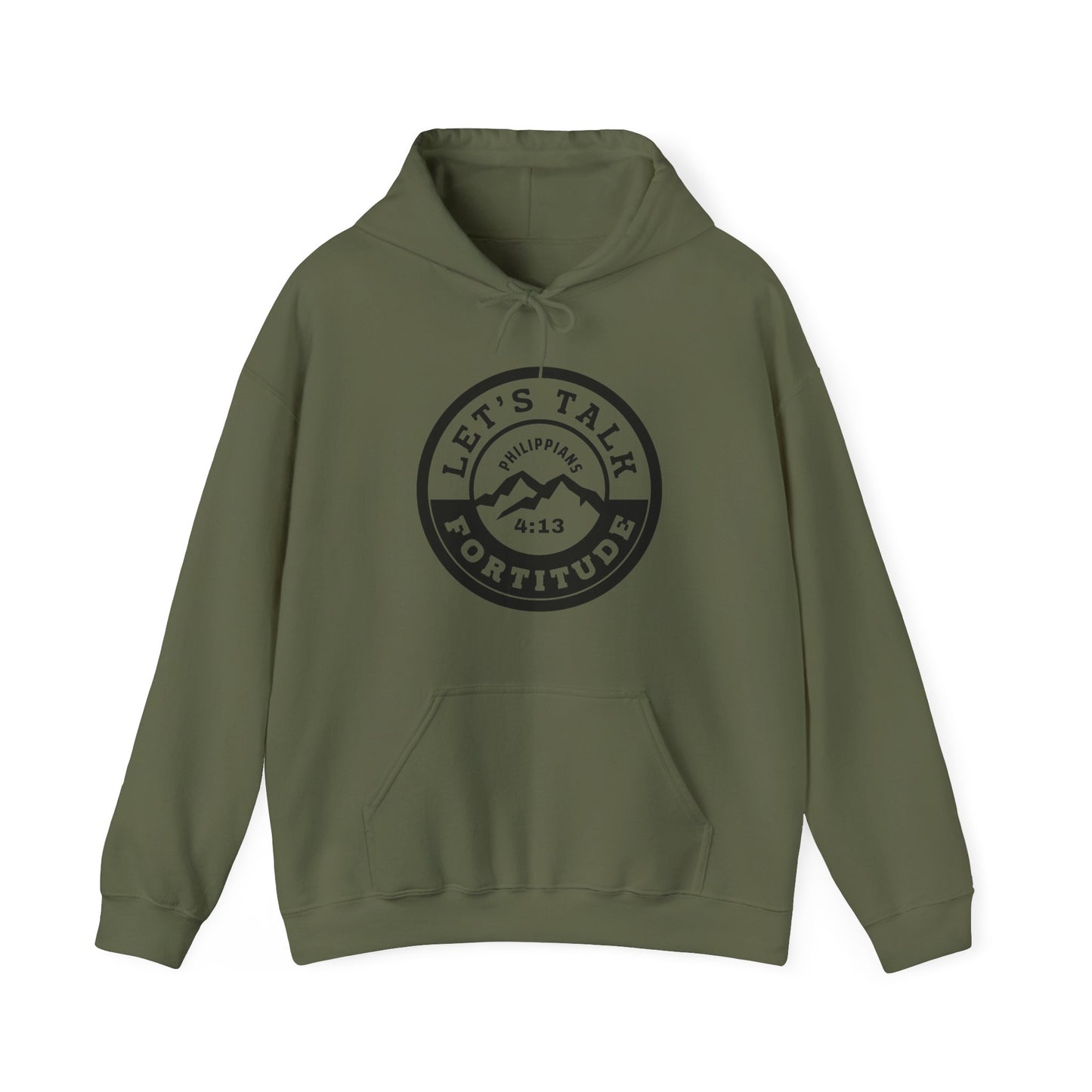 A green hoodie with 'Let's Talk Fortitude' text and a mountain graphic on the front.
