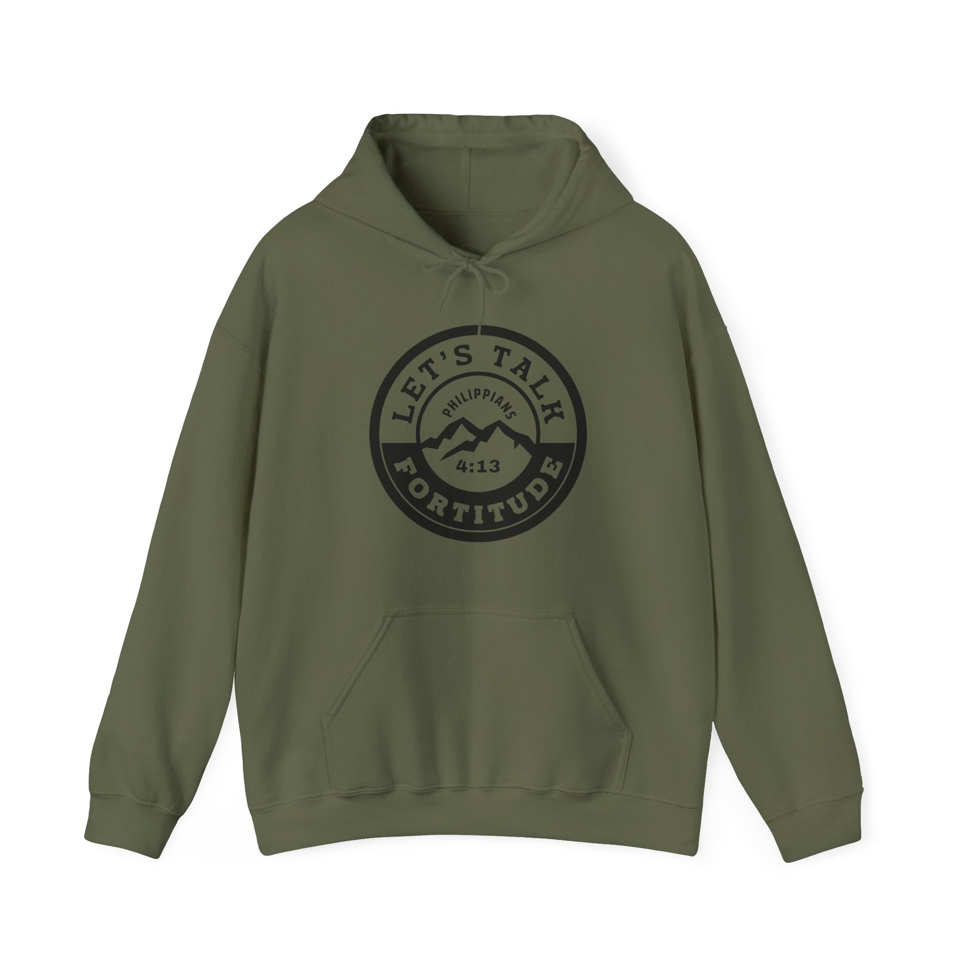 A green hoodie with 'Let's Talk Fortitude' text and a mountain graphic on the front.
