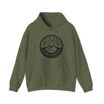 A green hoodie with 'Let's Talk Fortitude' text and a mountain graphic on the front.