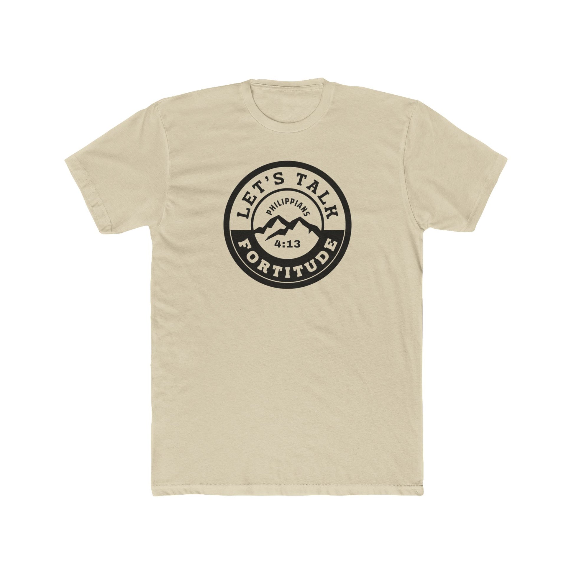 A beige t-shirt with a circular black logo print containing text and a mountain and sunset graphic in the center.