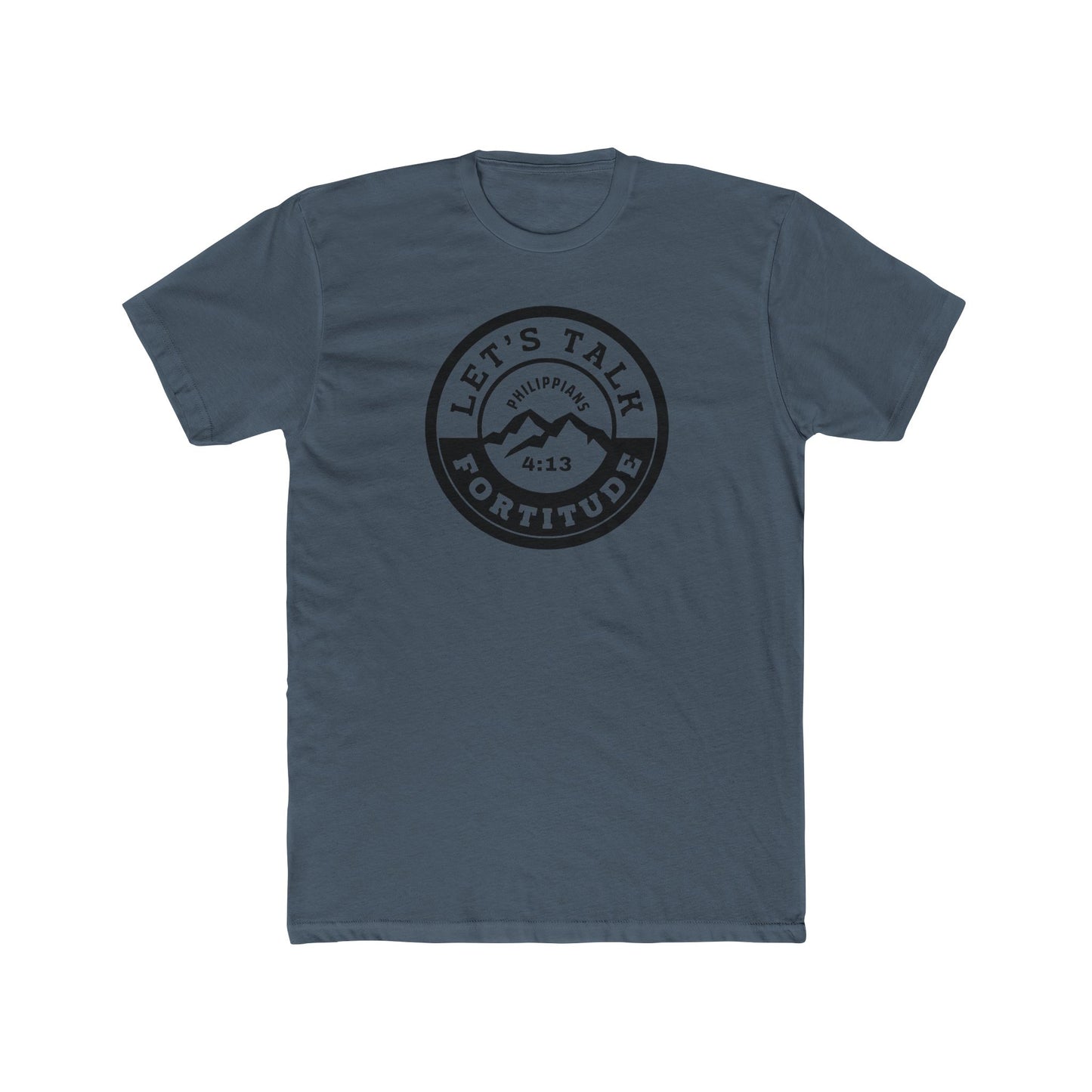 A beige t-shirt with a circular black logo print containing text and a mountain and sunset graphic in the center.