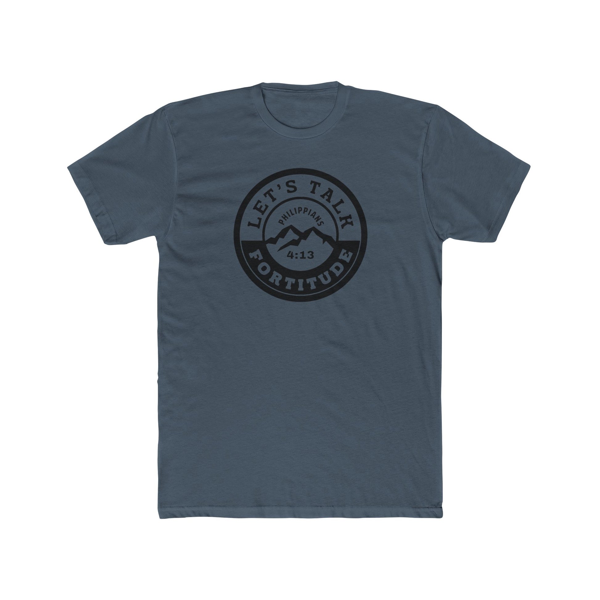 A beige t-shirt with a circular black logo print containing text and a mountain and sunset graphic in the center.