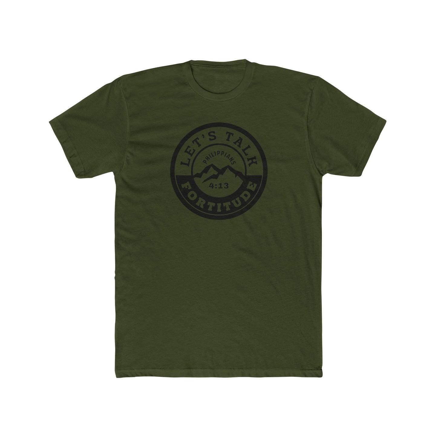 A beige t-shirt with a circular black logo print containing text and a mountain and sunset graphic in the center.