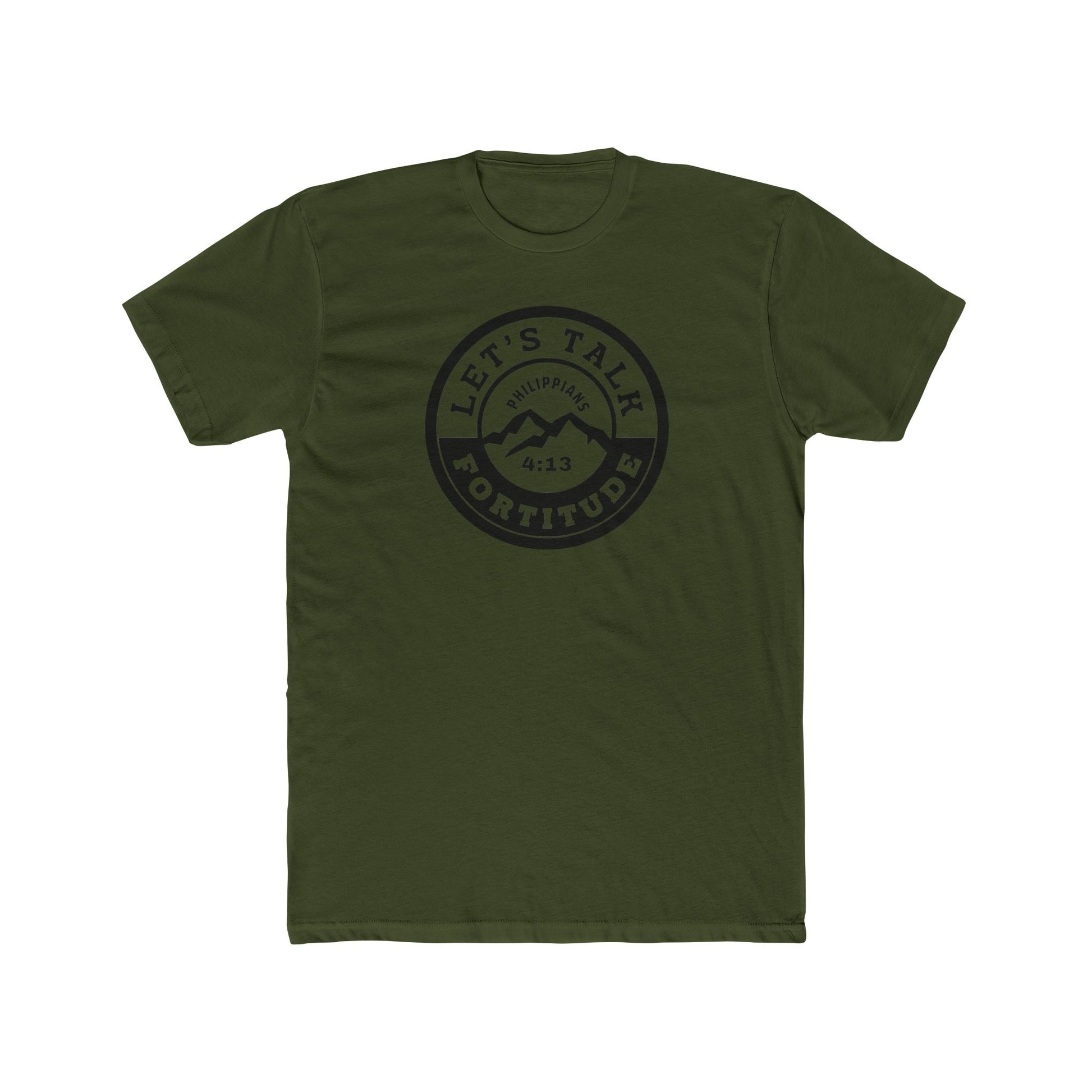 A beige t-shirt with a circular black logo print containing text and a mountain and sunset graphic in the center.