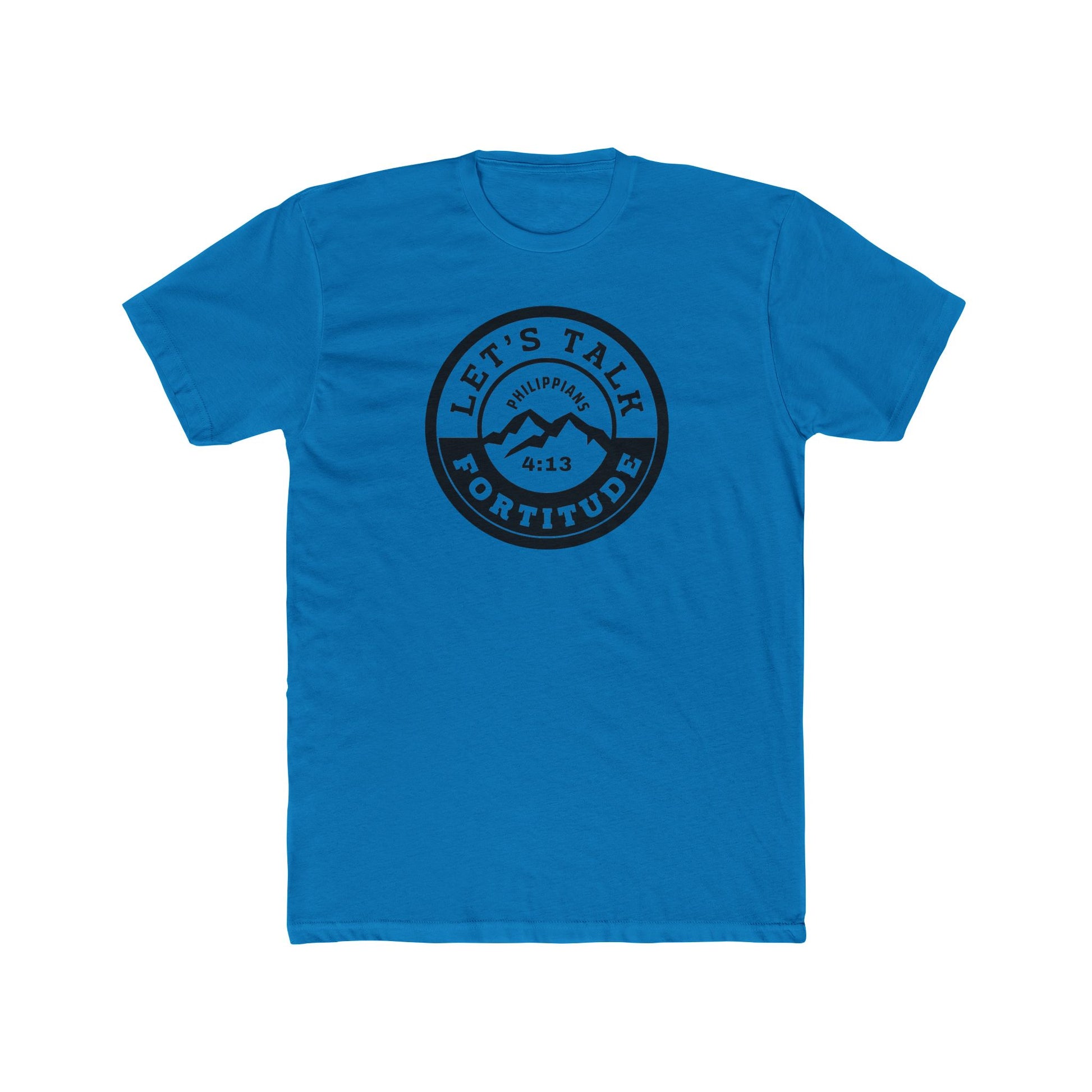 A beige t-shirt with a circular black logo print containing text and a mountain and sunset graphic in the center.