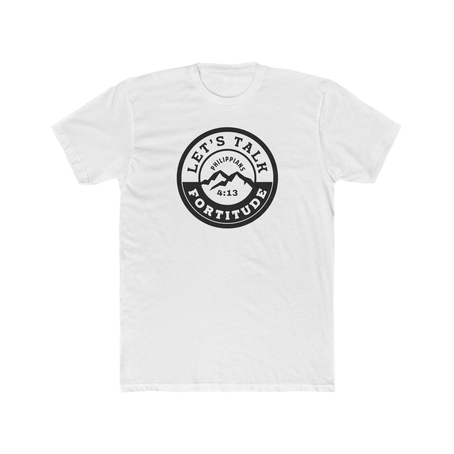 A beige t-shirt with a circular black logo print containing text and a mountain and sunset graphic in the center.