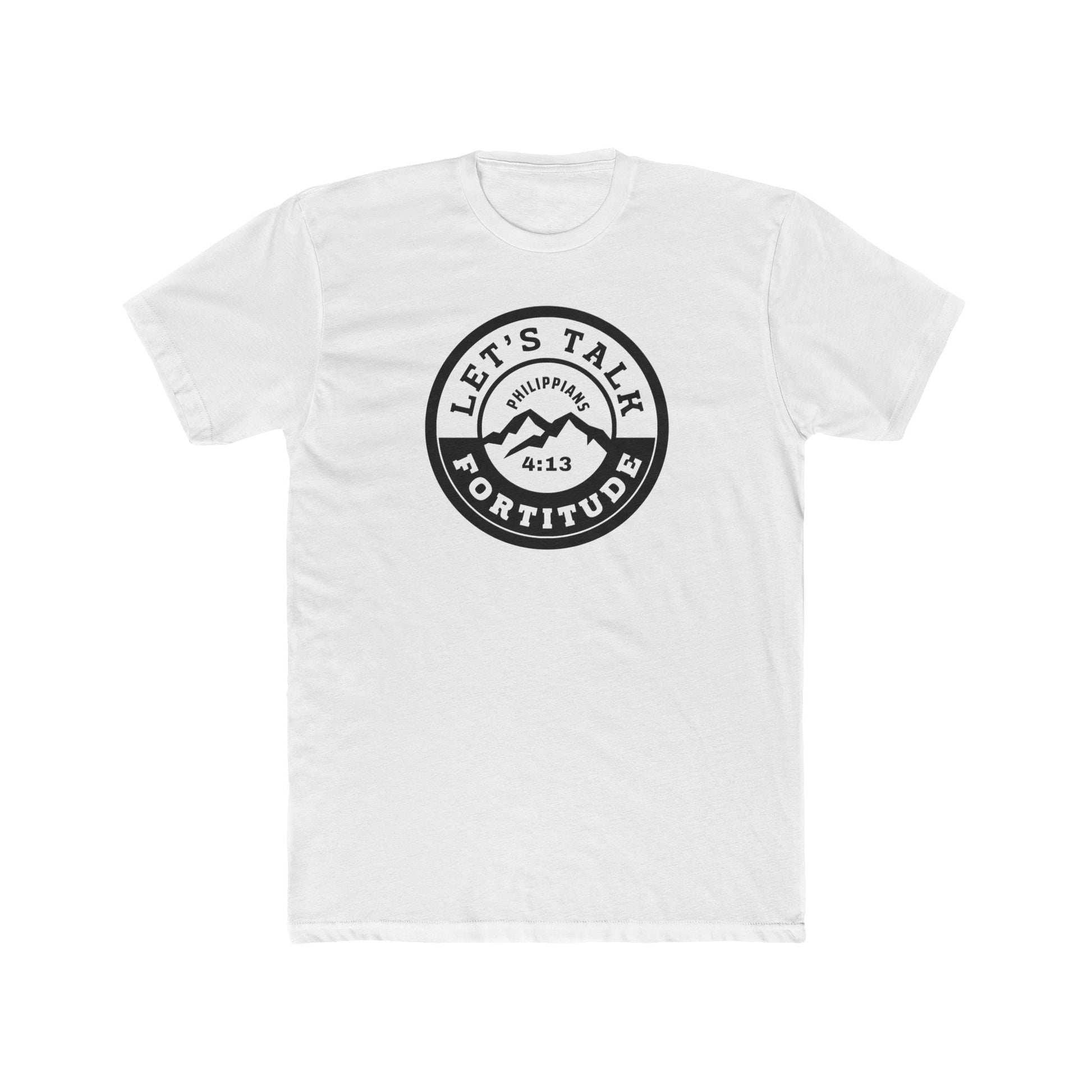 A beige t-shirt with a circular black logo print containing text and a mountain and sunset graphic in the center.