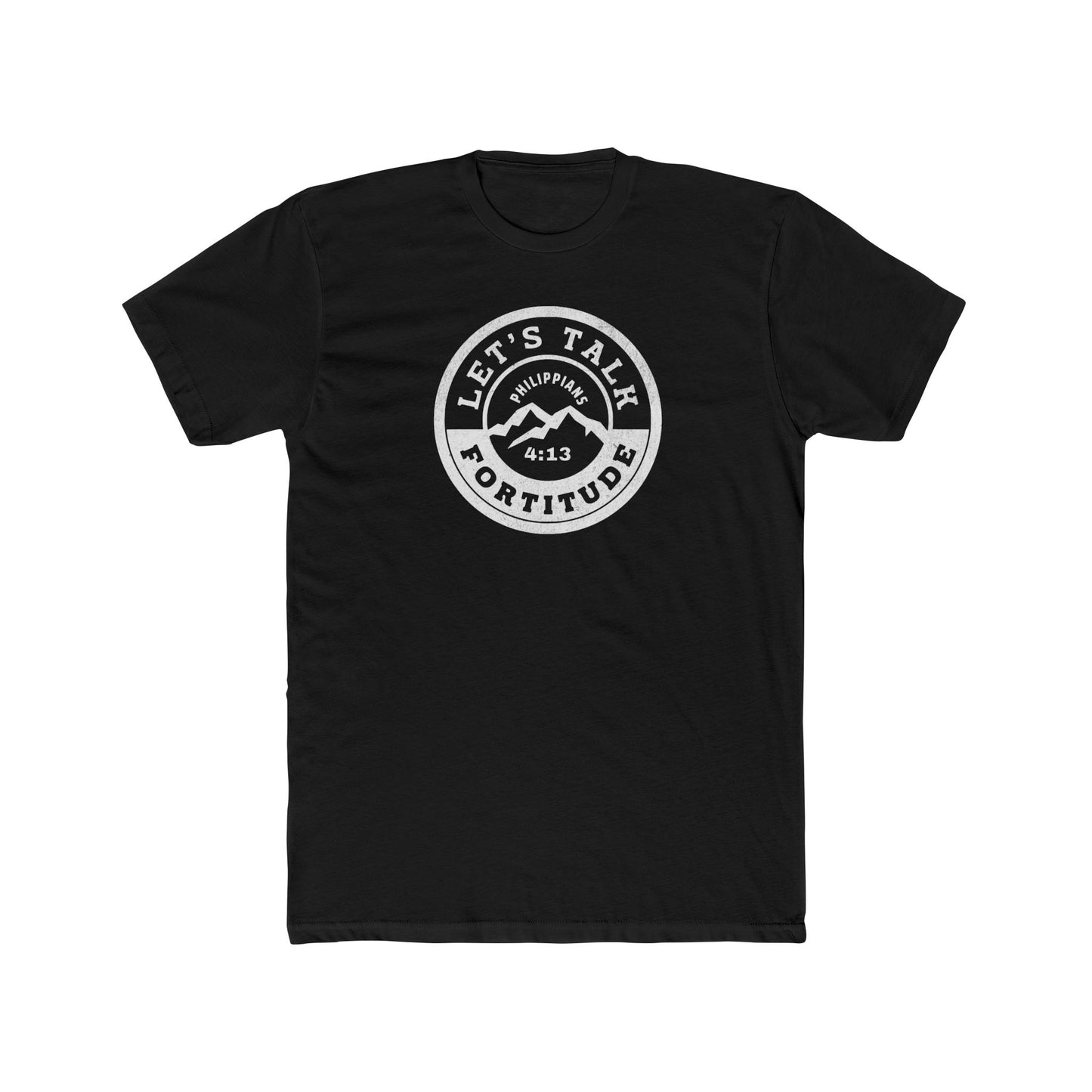 A black t-shirt with a white circular graphic that includes the text 'Let's Talk' and 'Fortitude', a mountain, and a sunset.