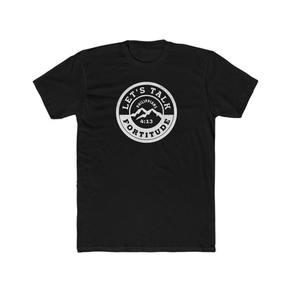 A black t-shirt with a white circular graphic that includes the text 'Let's Talk' and 'Fortitude', a mountain, and a sunset.