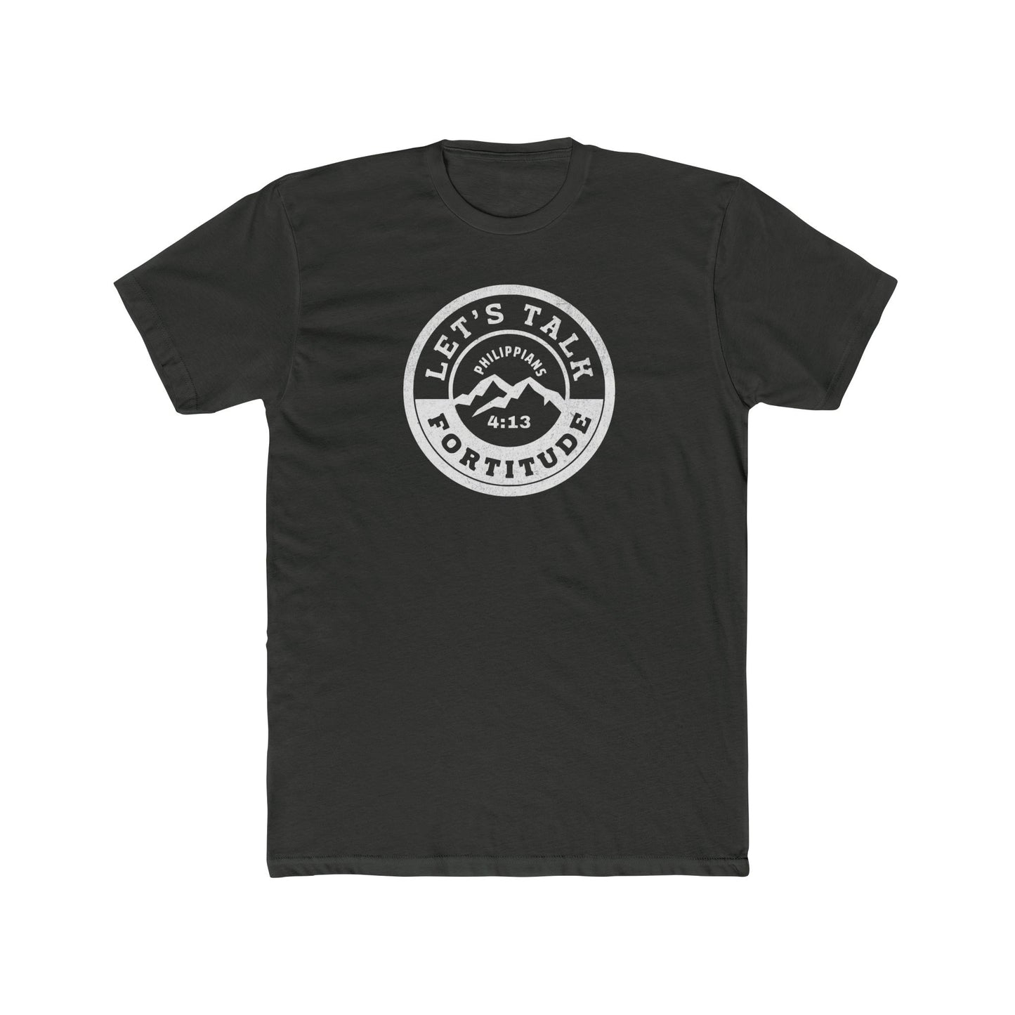 A black t-shirt with a white circular graphic that includes the text 'Let's Talk' and 'Fortitude', a mountain, and a sunset.