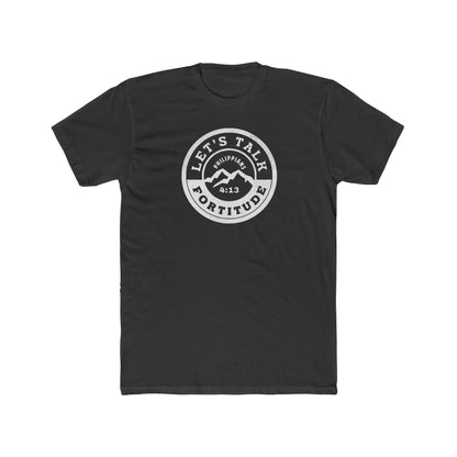 A black t-shirt with a white circular graphic that includes the text 'Let's Talk' and 'Fortitude', a mountain, and a sunset.