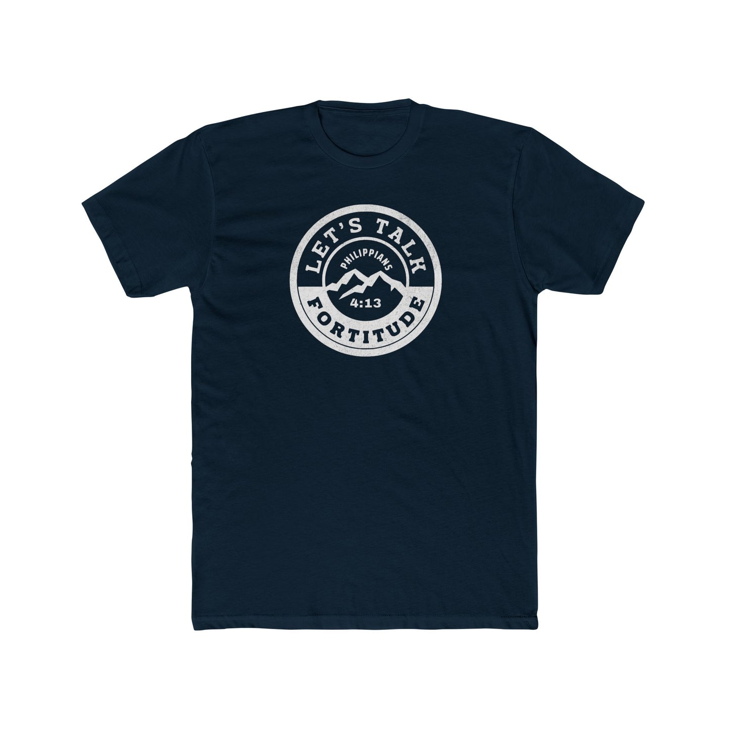 A black t-shirt with a white circular graphic that includes the text 'Let's Talk' and 'Fortitude', a mountain, and a sunset.