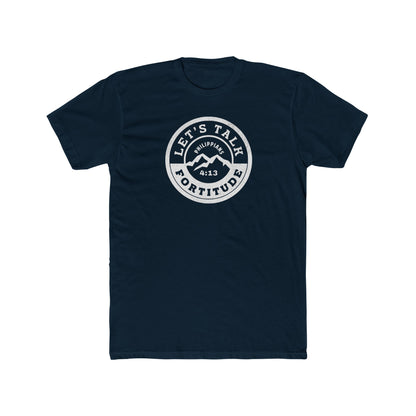 A black t-shirt with a white circular graphic that includes the text 'Let's Talk' and 'Fortitude', a mountain, and a sunset.