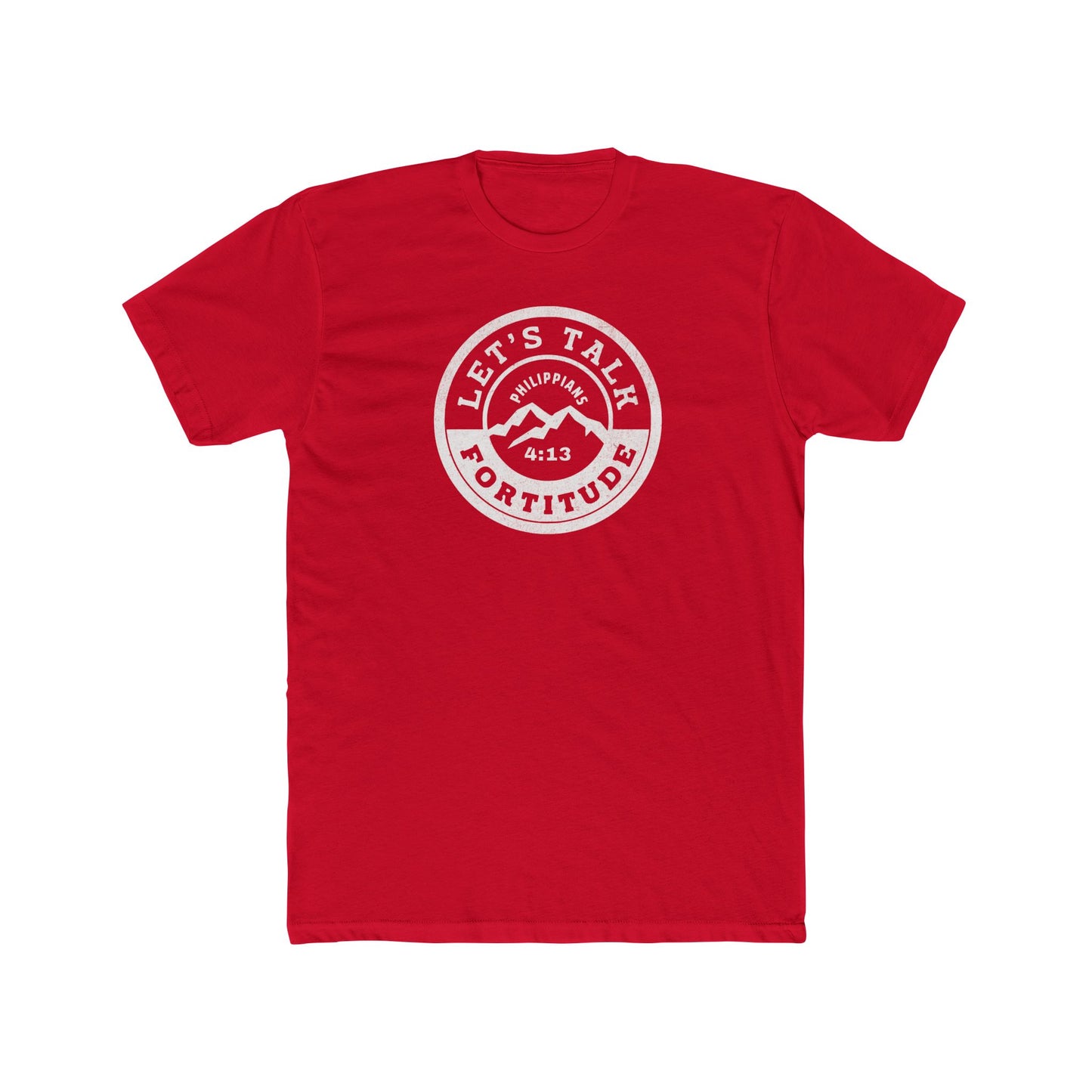 A red t-shirt with a white circular graphic that includes the text 'Let's Talk' and 'Fortitude', a mountain, and a sunset.