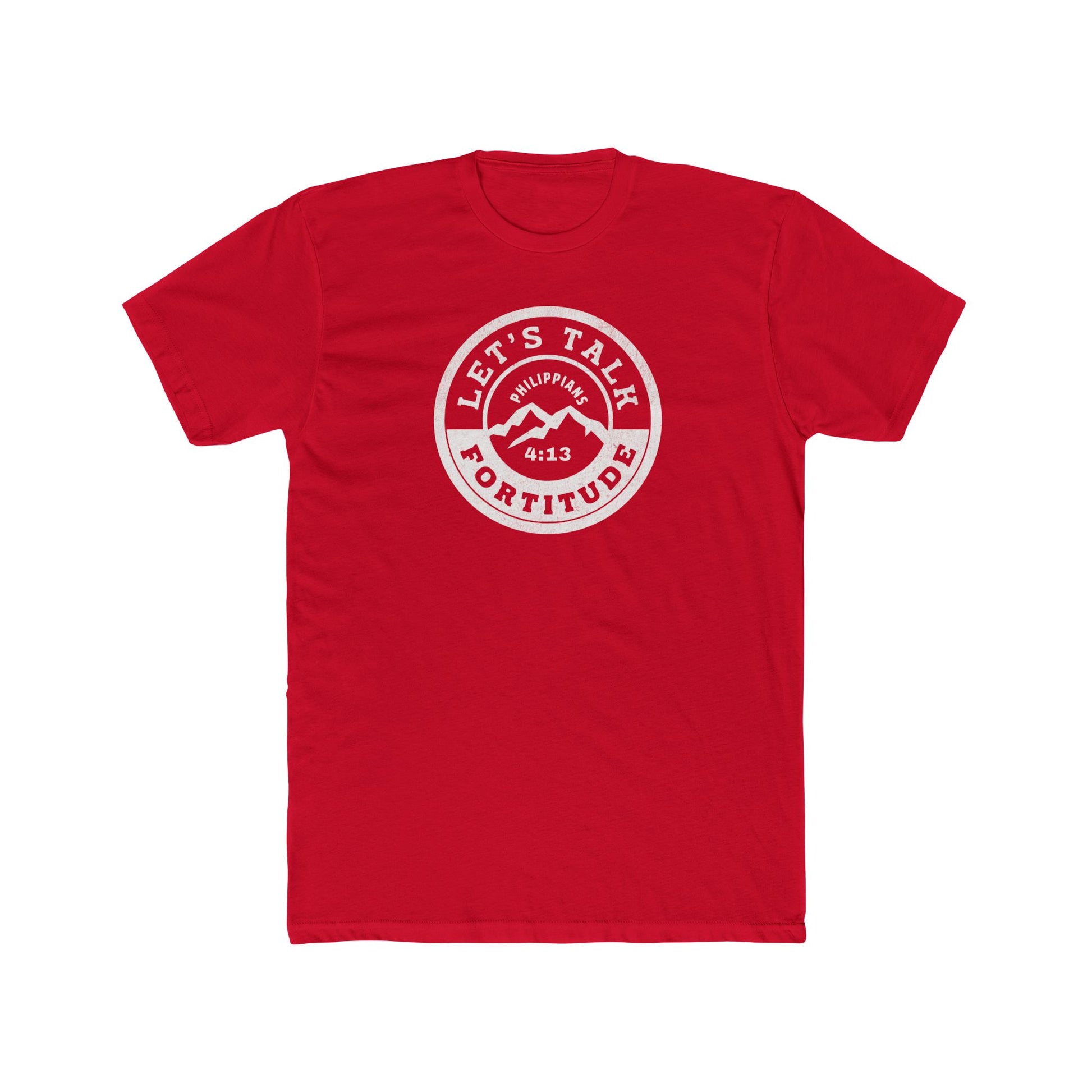 A red t-shirt with a white circular graphic that includes the text 'Let's Talk' and 'Fortitude', a mountain, and a sunset.