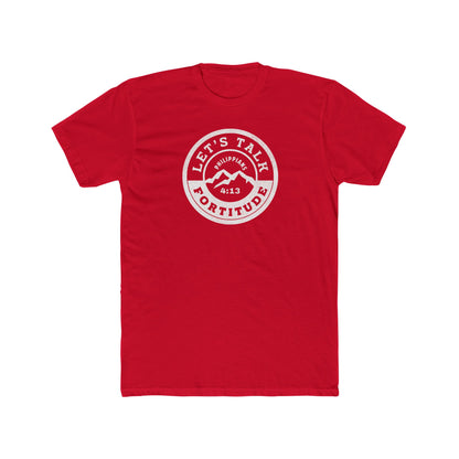 A red t-shirt with a white circular graphic that includes the text 'Let's Talk' and 'Fortitude', a mountain, and a sunset.
