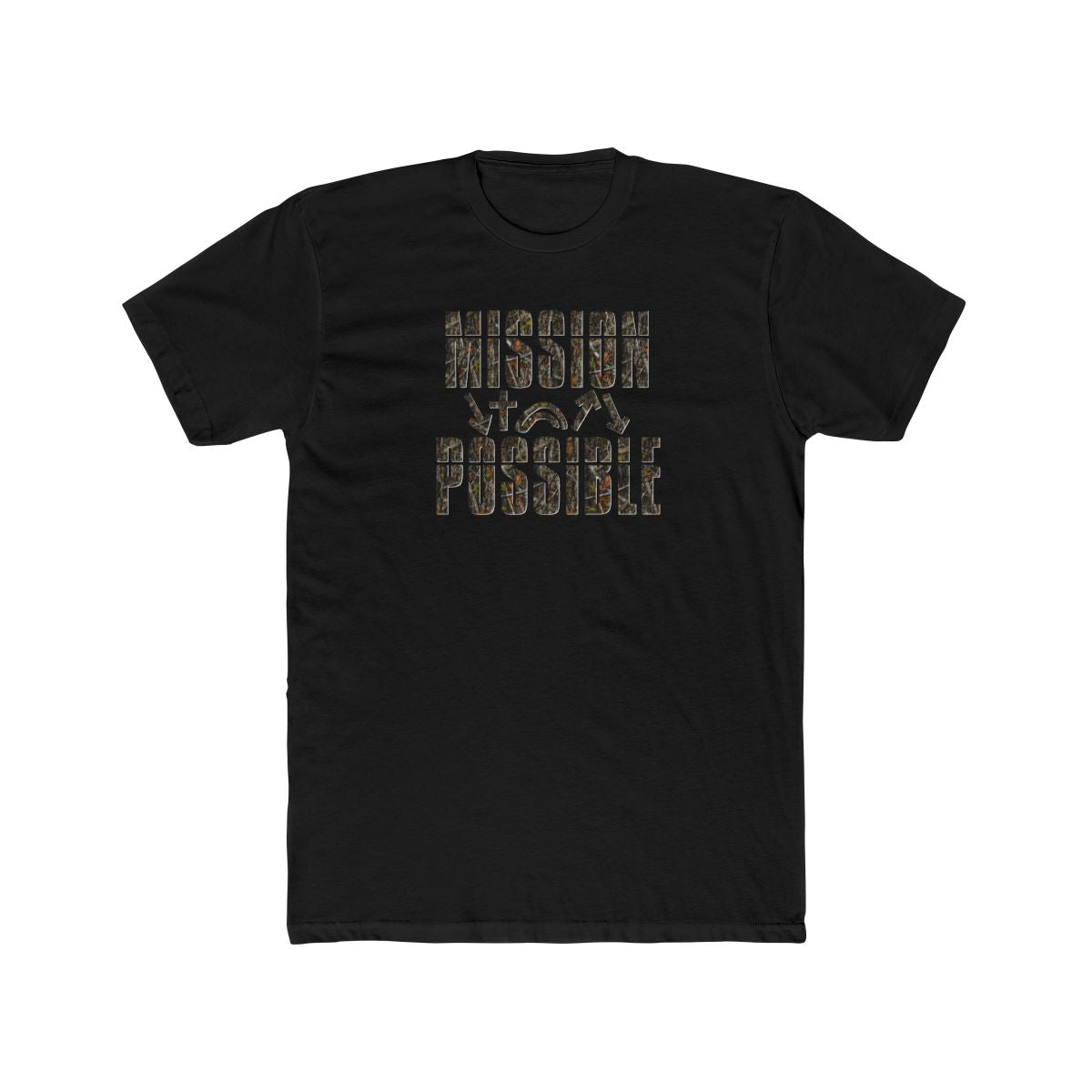 White crew neck t-shirt with the text 'MISSION POSSIBLE' in bold camo lettering, accompanied by the Five Gospel Symbols.