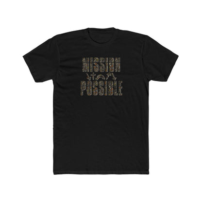 White crew neck t-shirt with the text 'MISSION POSSIBLE' in bold camo lettering, accompanied by the Five Gospel Symbols.