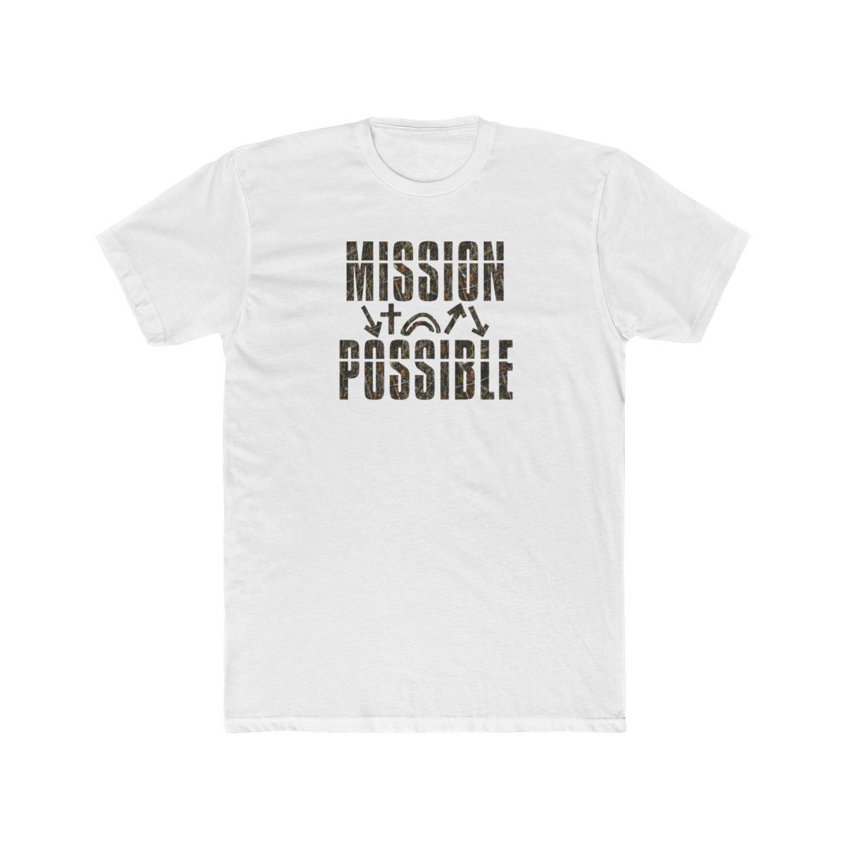 White crew neck t-shirt with the text 'MISSION POSSIBLE' in bold camo lettering, accompanied by the Five Gospel Symbols.