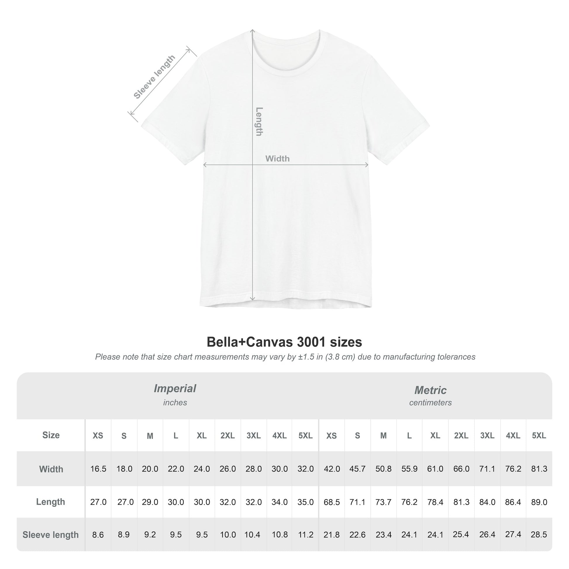 T-shirt with measurement chart on a white background