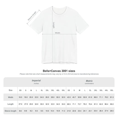 T-shirt with measurement chart on a white background