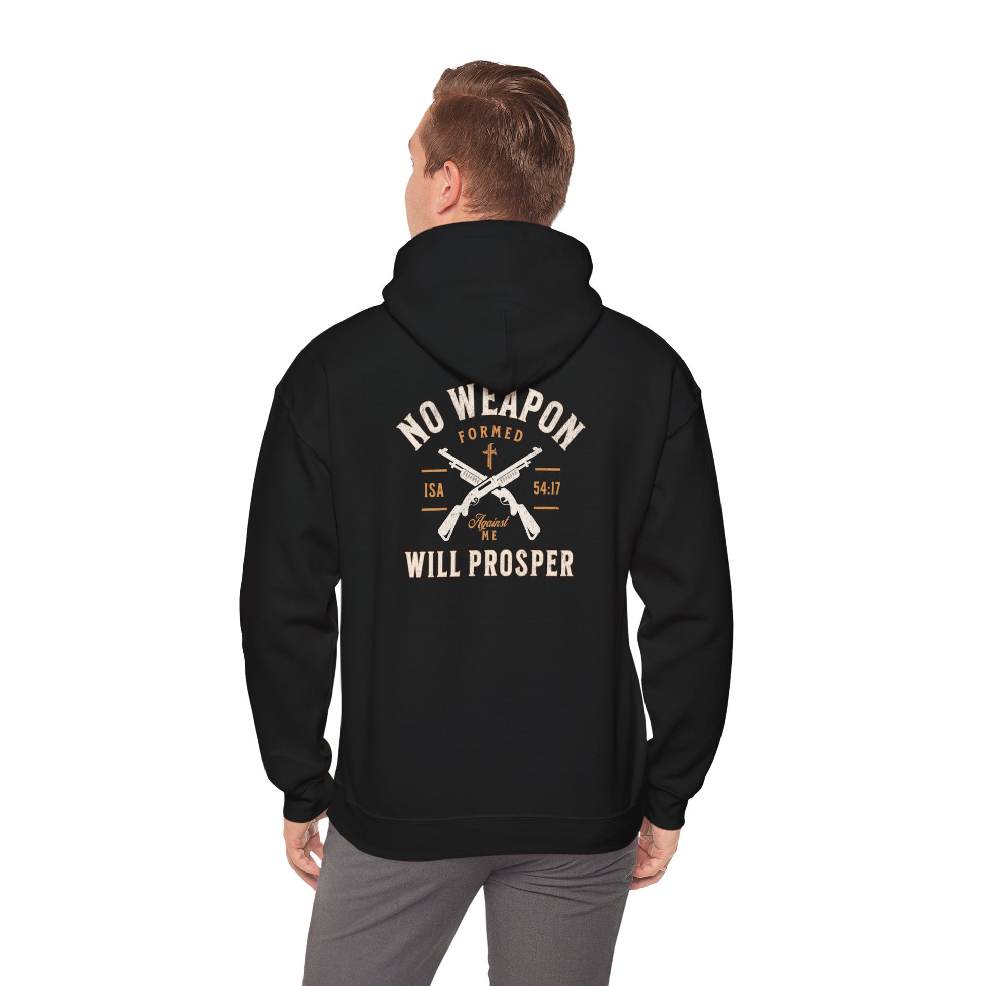A person wearing a black hoodie with the text 'NO WEAPON FORMED AGAINST YOU SHALL PROSPER' on the back.