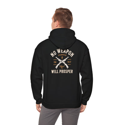 A person wearing a black hoodie with the text 'NO WEAPON FORMED AGAINST YOU SHALL PROSPER' on the back.