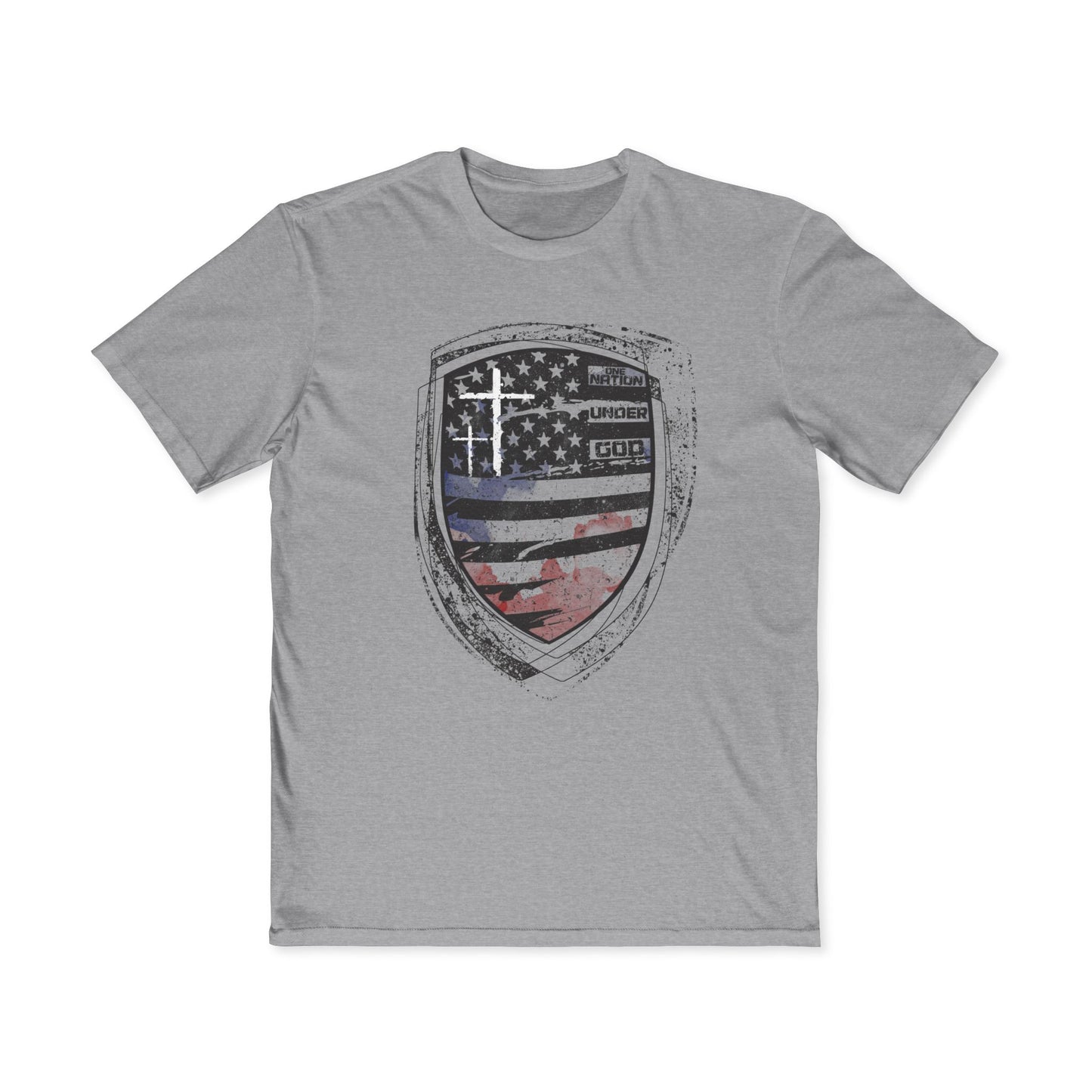 Gray t-shirt with a graphic design on a white background