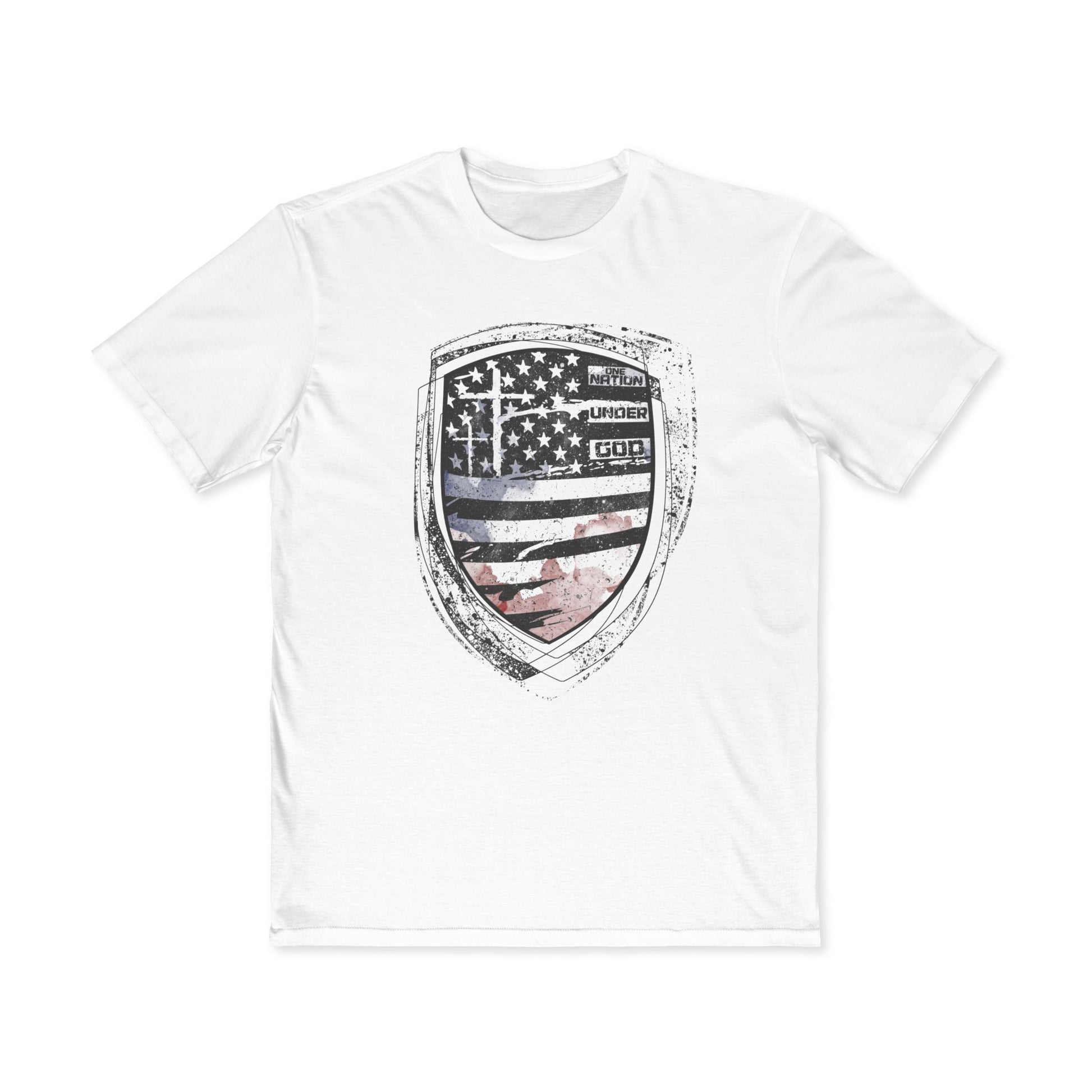 White t-shirt with a shield design featuring an American flag and text on a white background