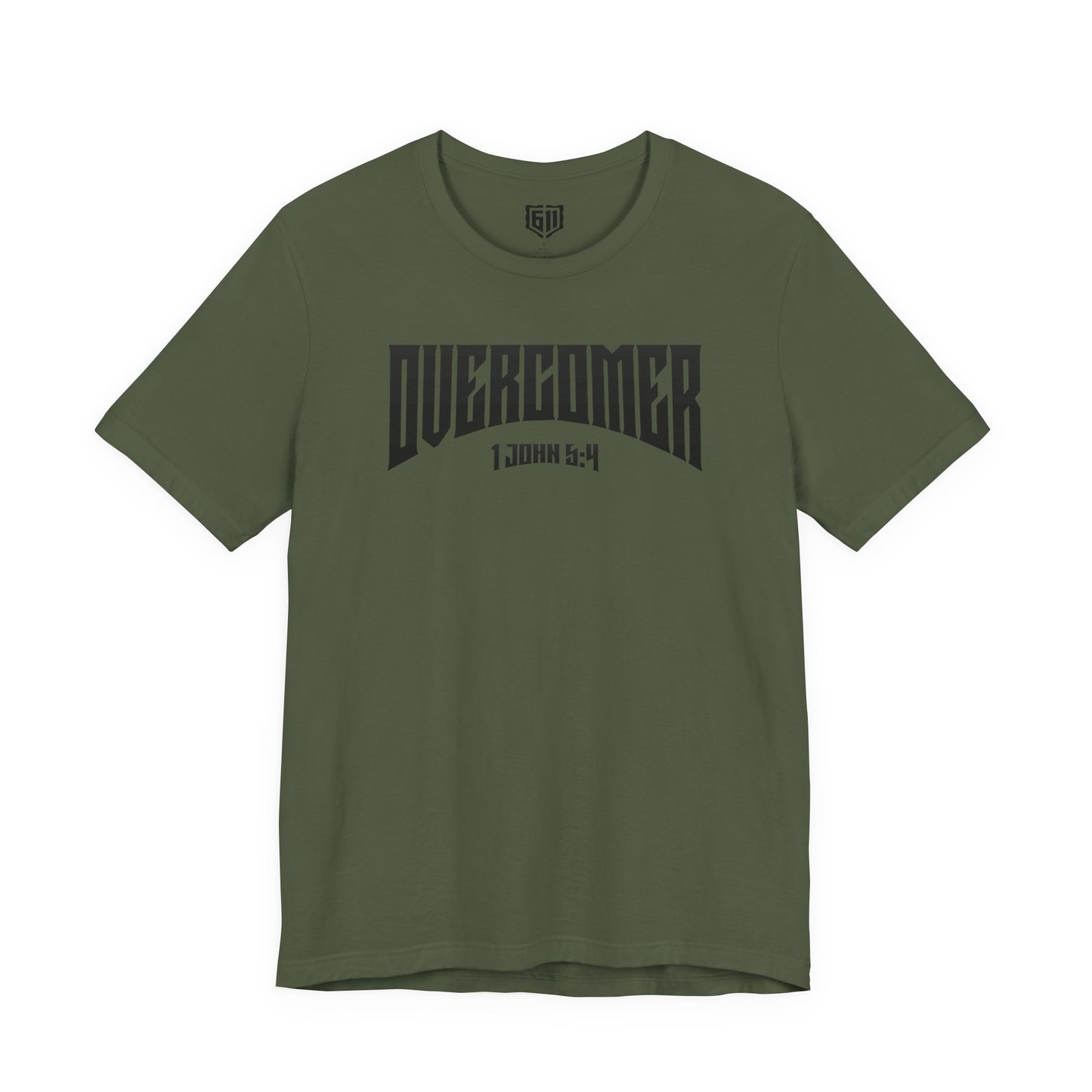 Green t-shirt with 'Overcomer' text on a white background