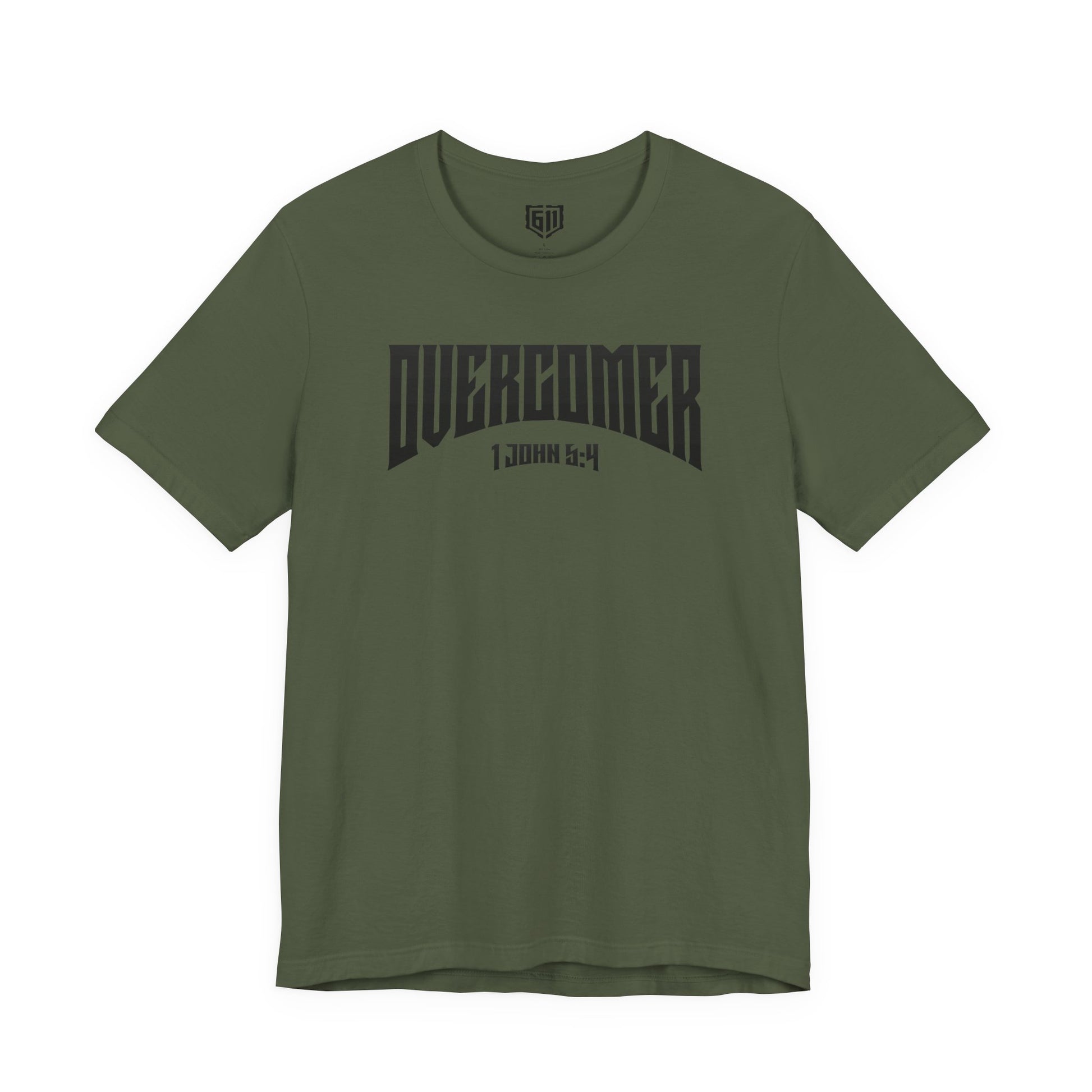 Green t-shirt with 'Overcomer' text on a white background
