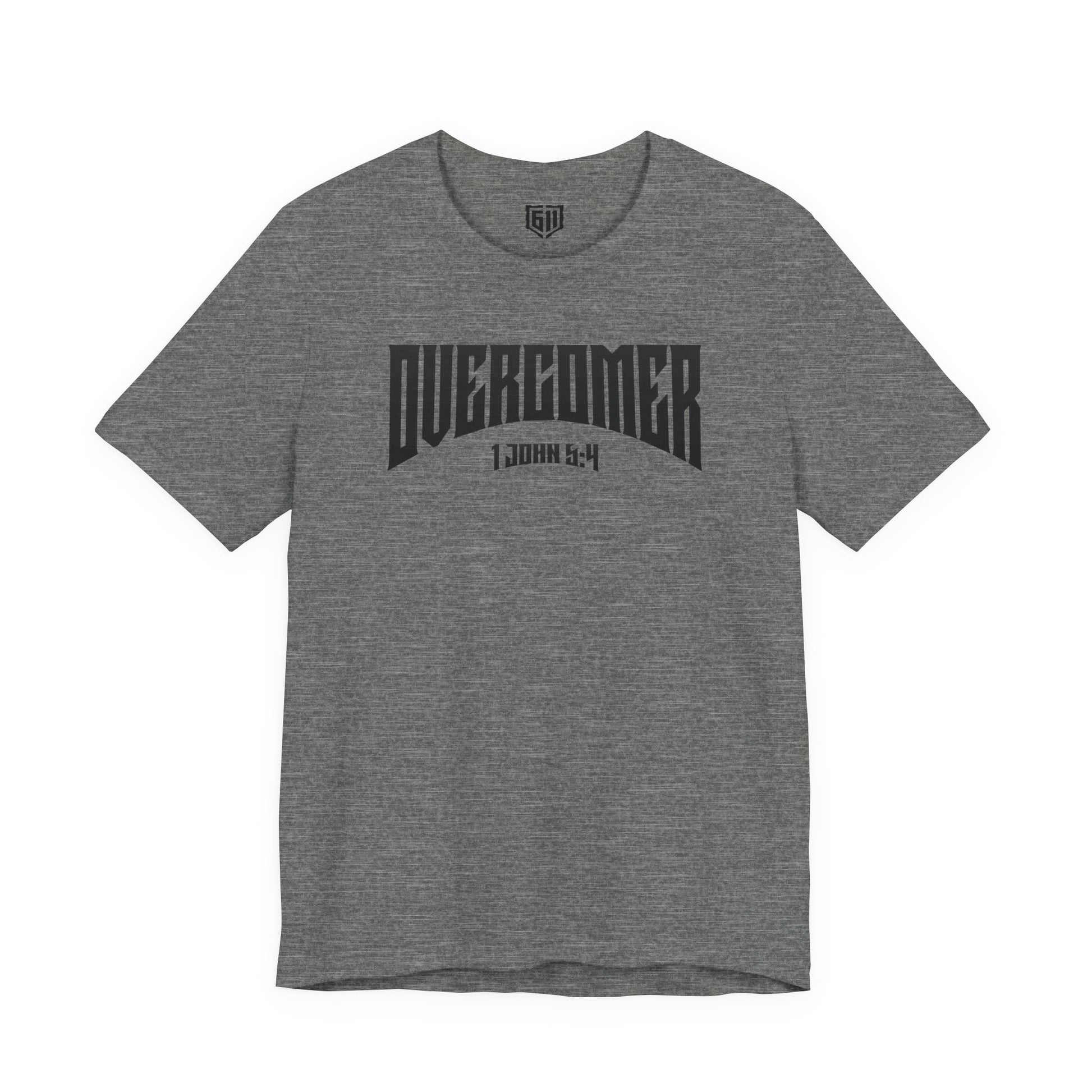 Gray t-shirt with 'OVERCOMER' text on a white background