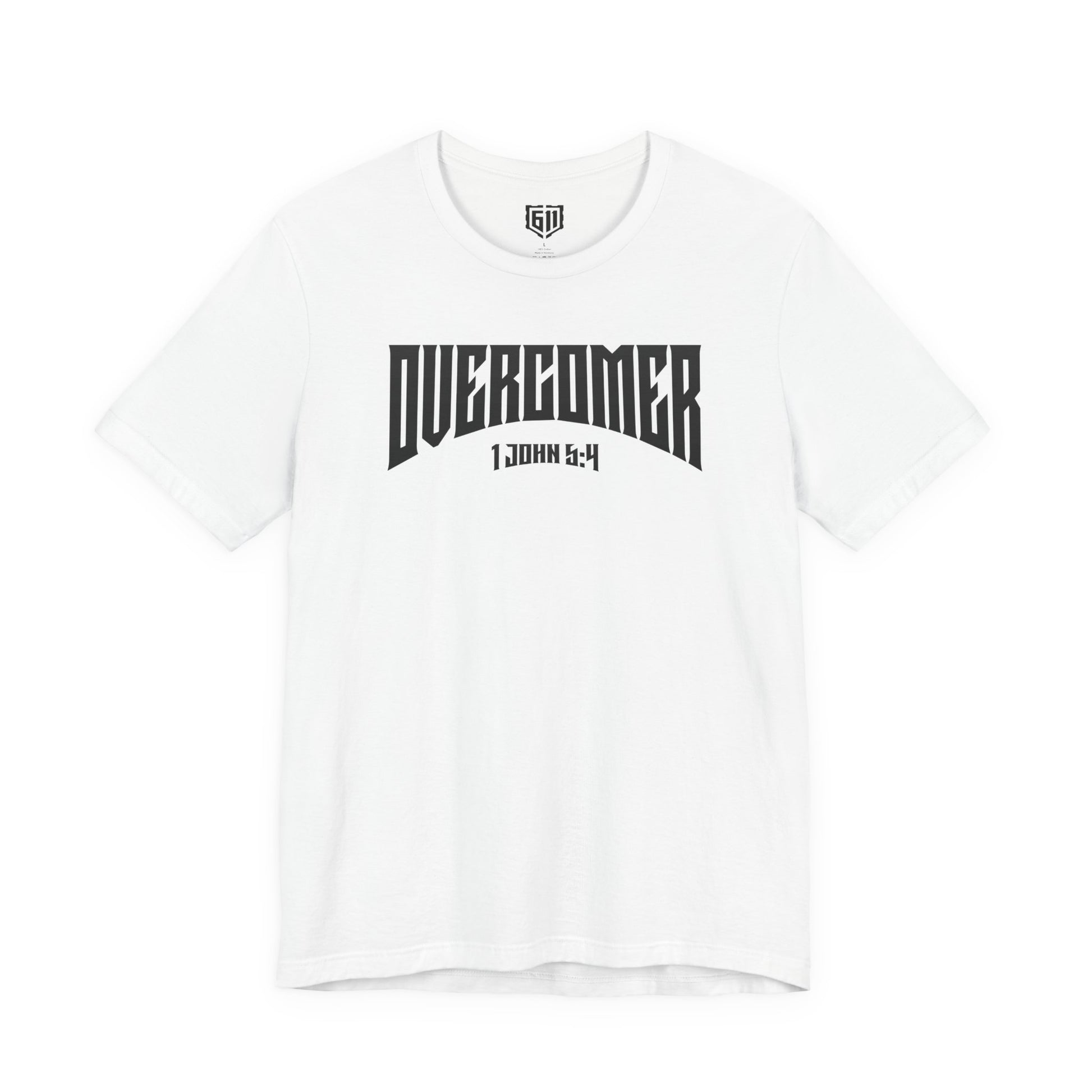 White t-shirt with 'Overcomer' text on a white background