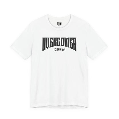 White t-shirt with 'Overcomer' text on a white background