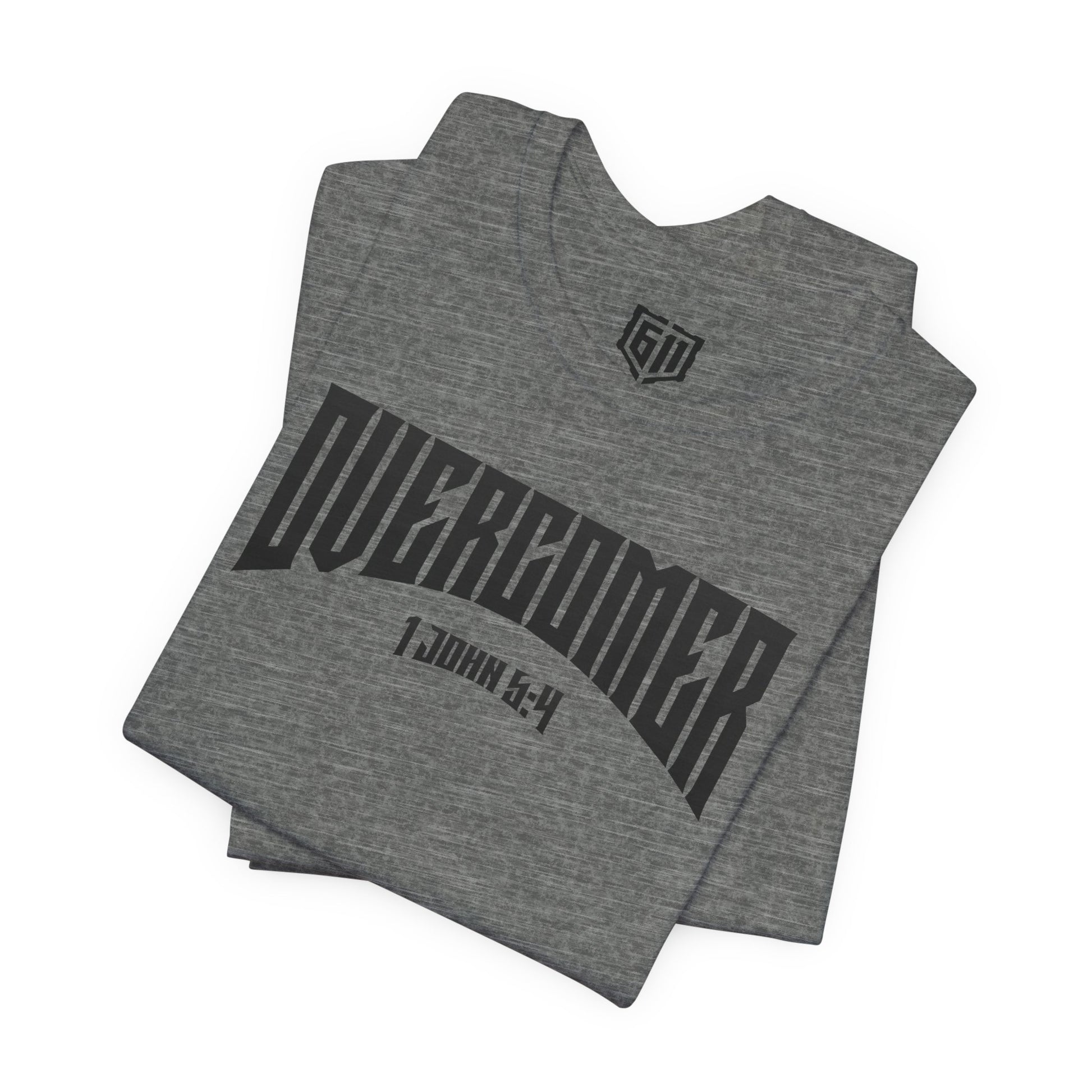 Gray sleeveless shirt with 'Overcomer' text and logo on a white background