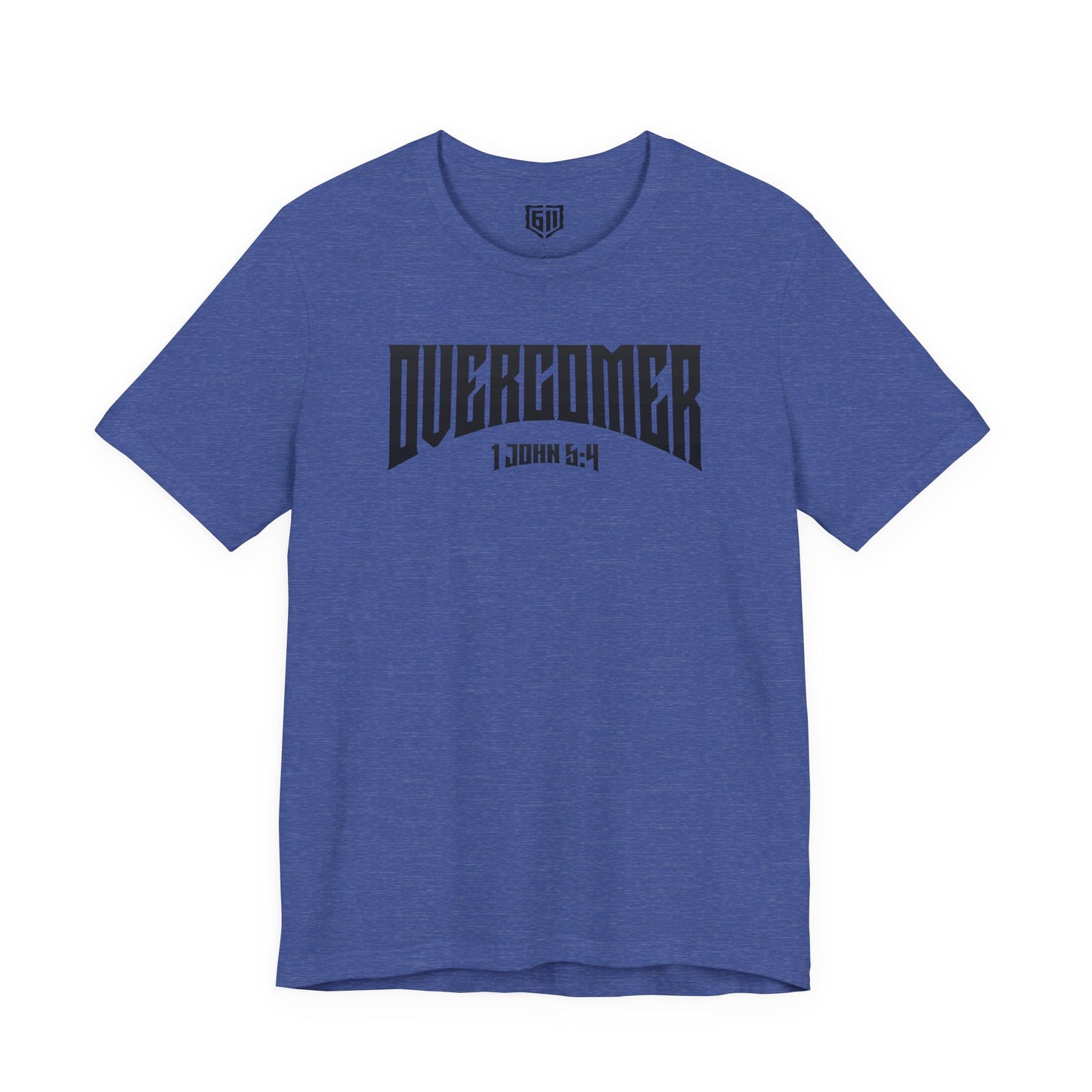 Blue t-shirt with 'OVERCOMER' text on a white background