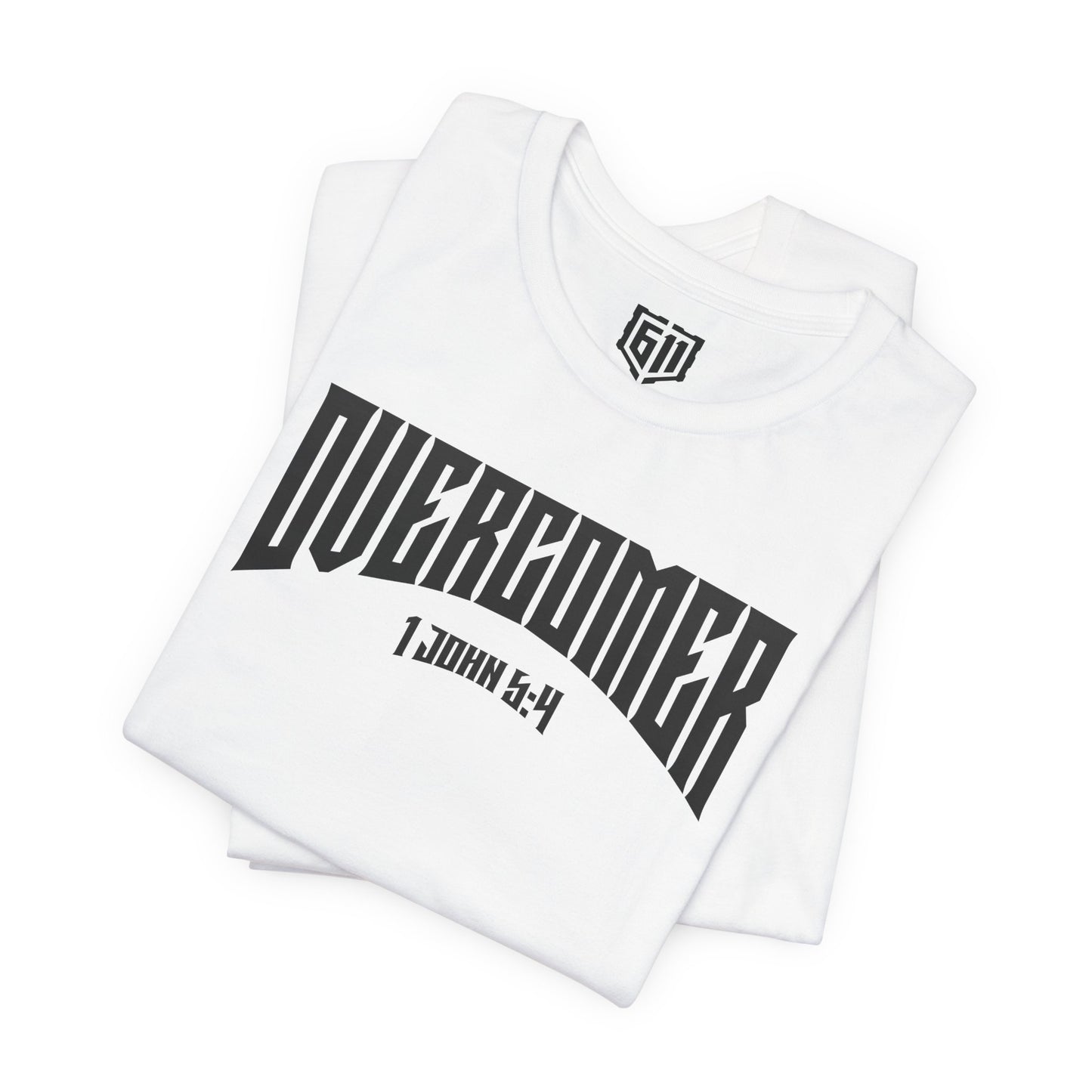 White t-shirt with 'OVERCOMER' text and logo on a white background