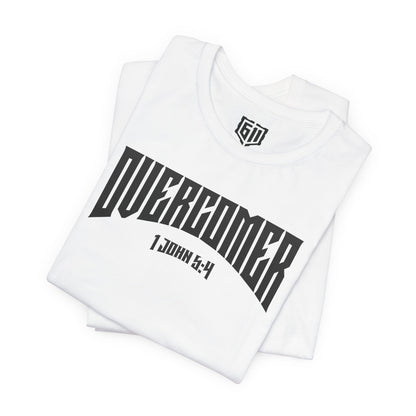 White t-shirt with 'OVERCOMER' text and logo on a white background