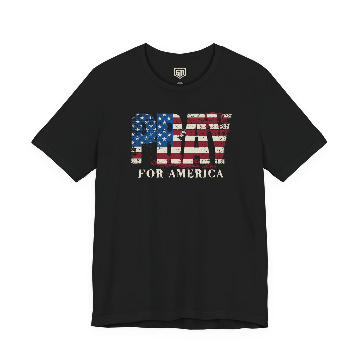 Black t-shirt with 'PRAY FOR AMERICA' text design on a white background