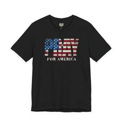 Black t-shirt with 'PRAY FOR AMERICA' text design on a white background