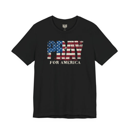 Black t-shirt with 'PRAY FOR AMERICA' text design on a white background
