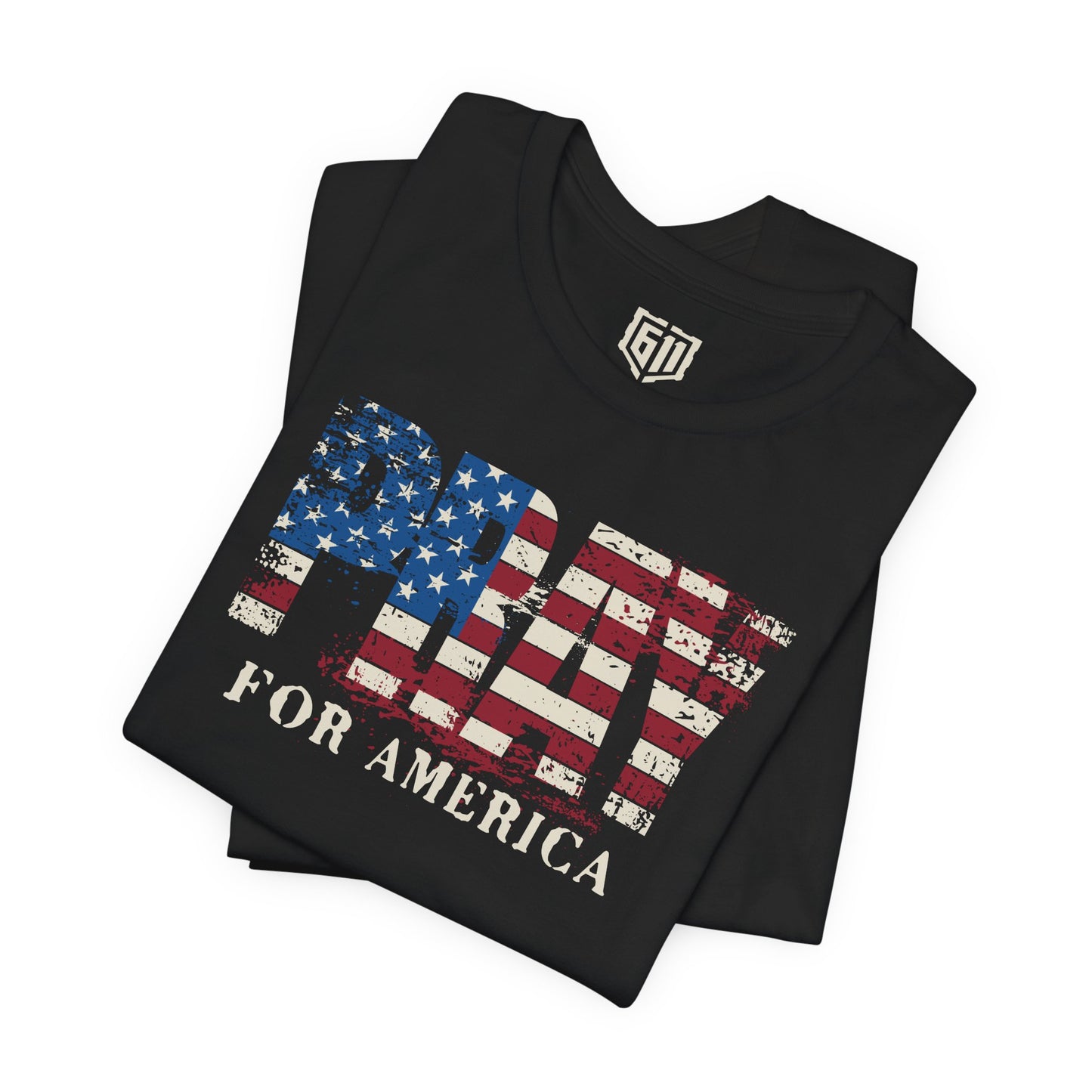 Black t-shirt with 'Proud for America' design on a white background